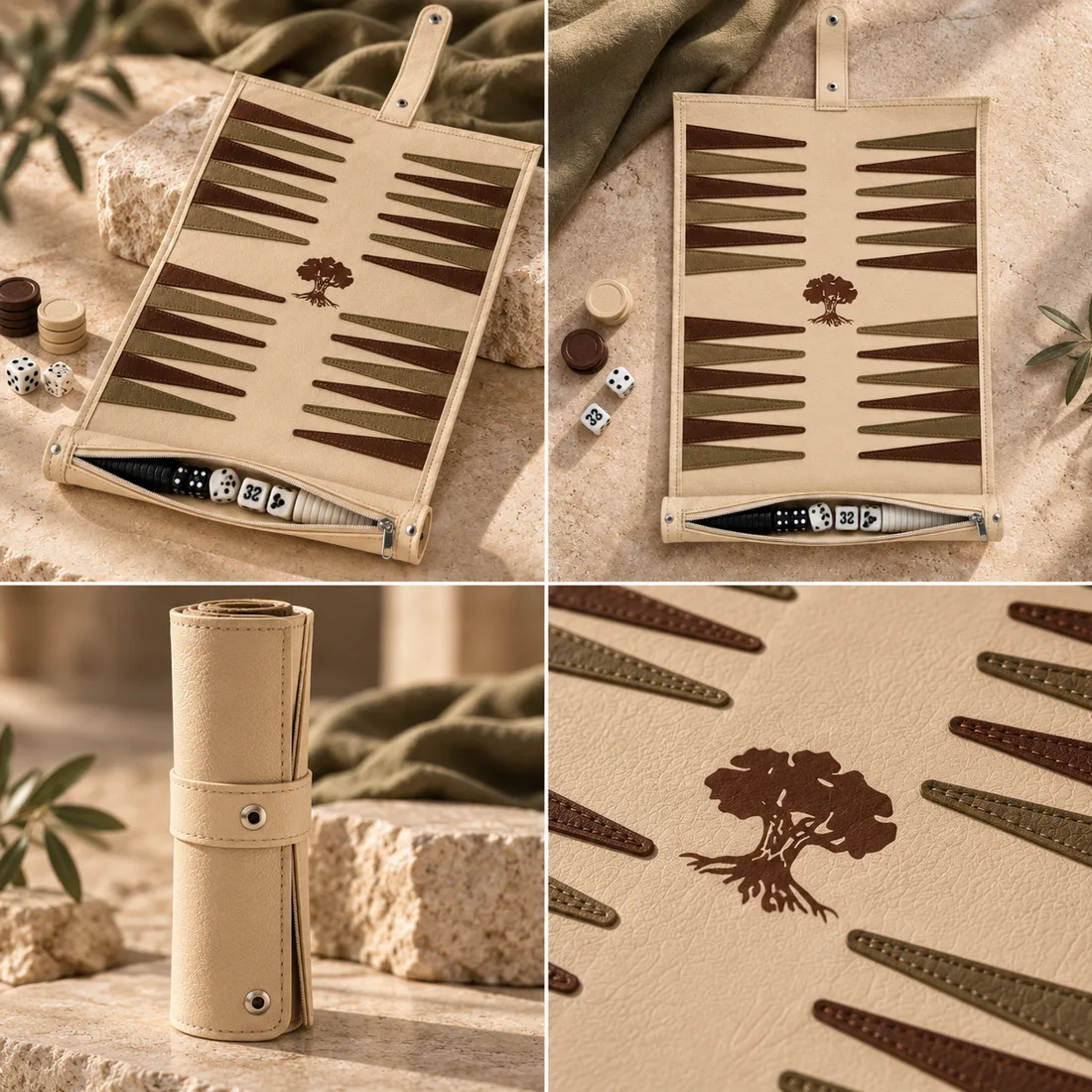 לוח שש בש בגווני חום וזית עם עץ במרכז